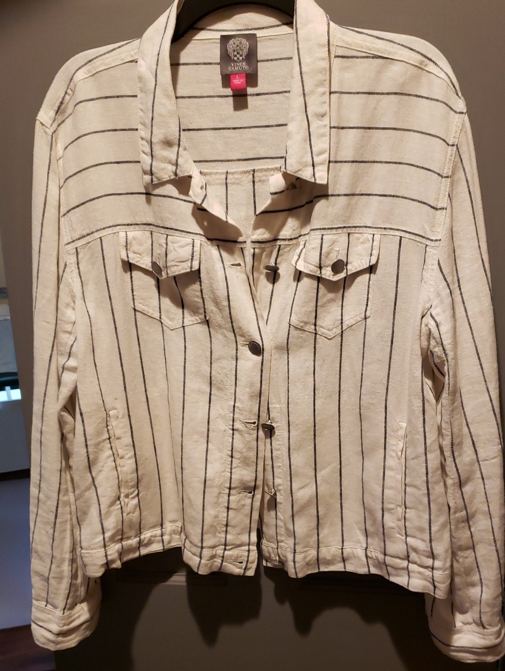 Vince Camuto Cream and Black Striped Button Shirt Jacket